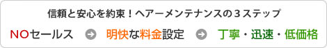 信頼と安心を約束！ヘアーメンテナンスの3ステップ Noセールス→明快な料金設定→丁寧・迅速・低価格